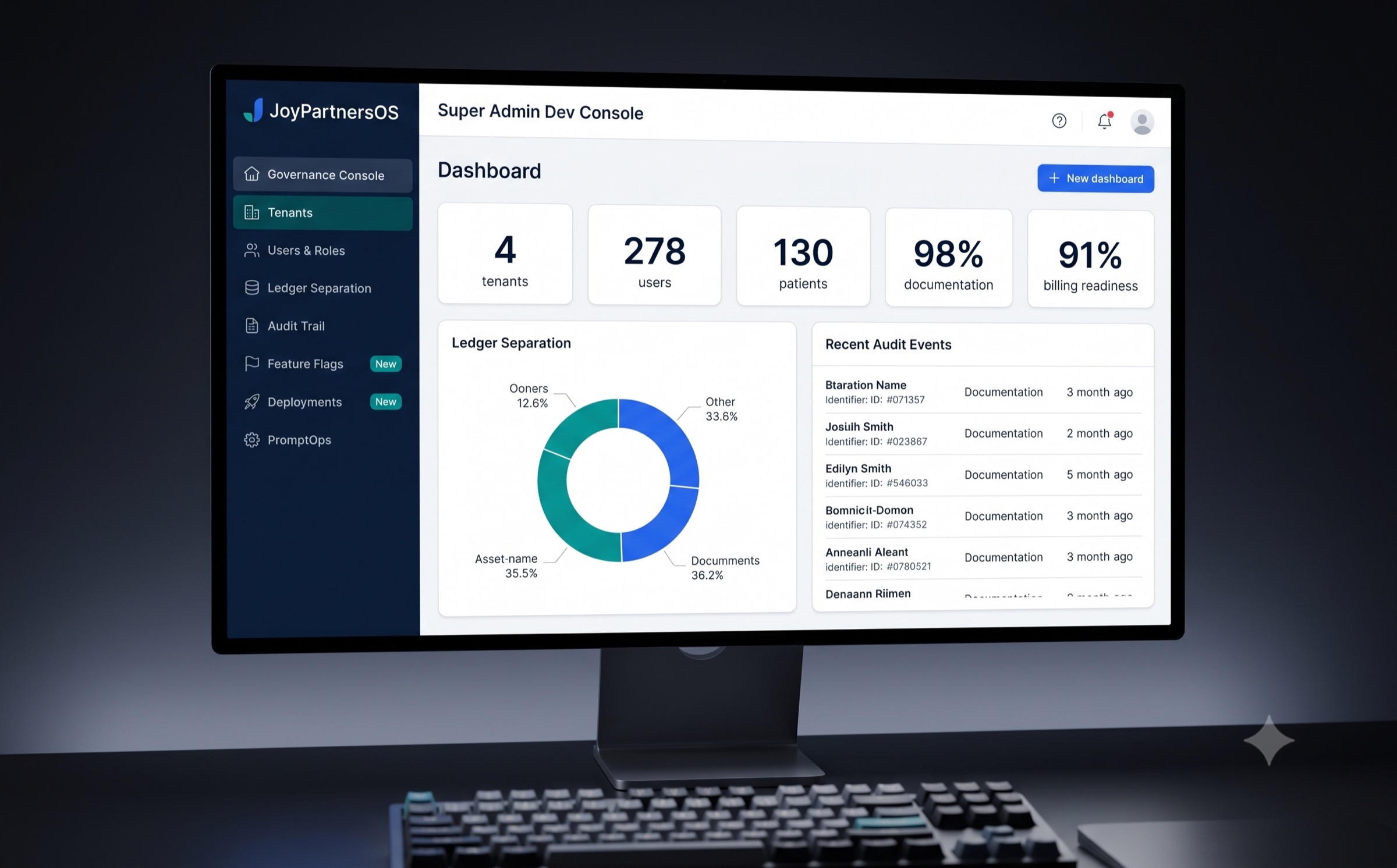 Super Admin Dev Console reference visual — tenants, users, ledger separation, audit trail
