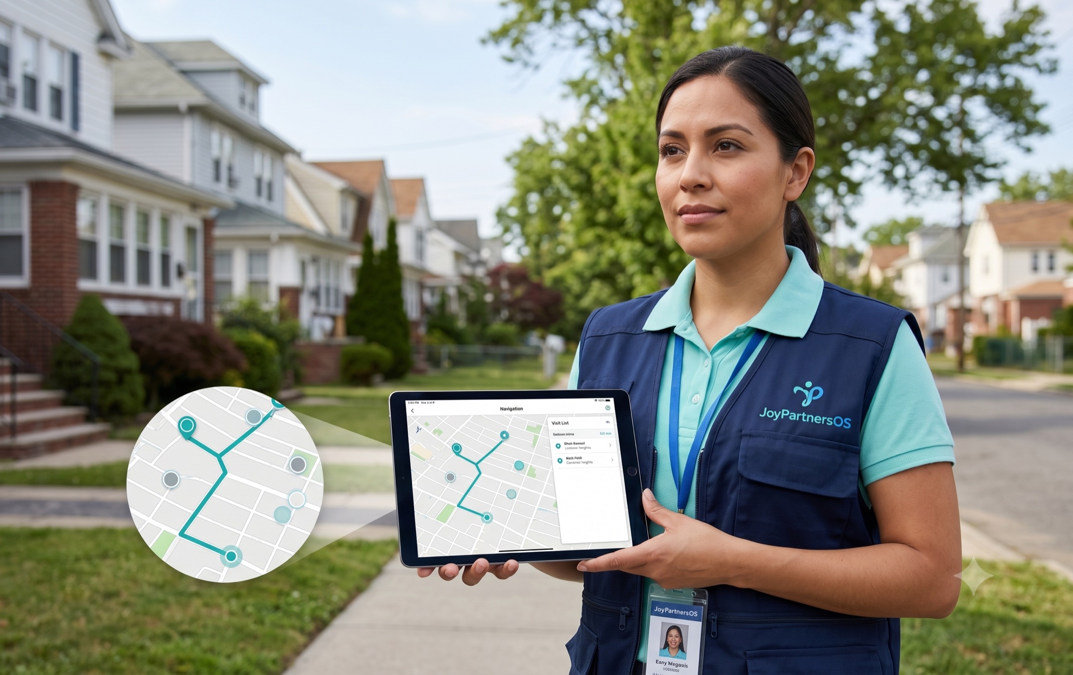 JoyPartnersOS CHW in branded vest holding a tablet showing the route map, standing in a suburban Queens / Long Island neighborhood