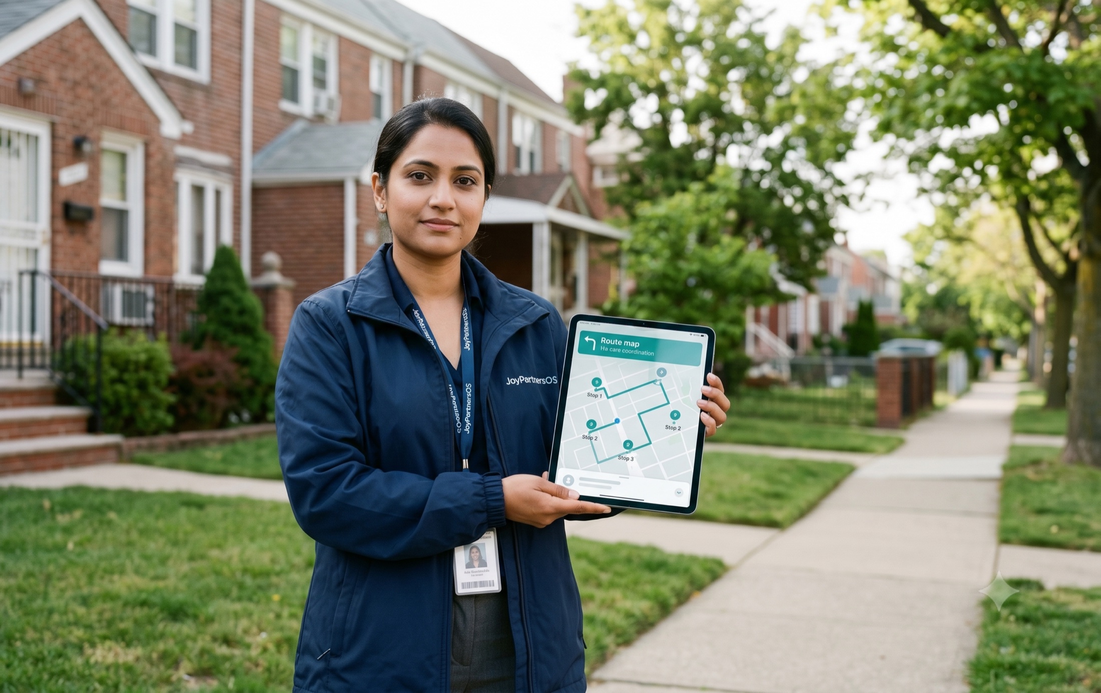 CHW in JoyPartnersOS uniform on a Queens residential block holding the route tablet