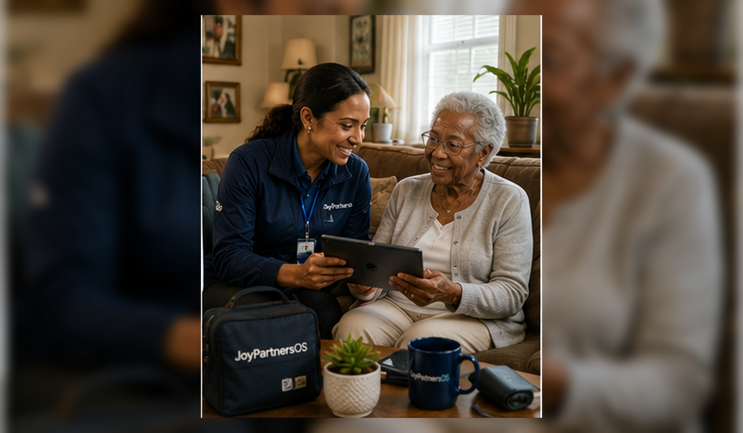 A JoyPartnersOS-uniformed community health worker doing a home visit with an elder patient, reviewing the care plan together on a tablet