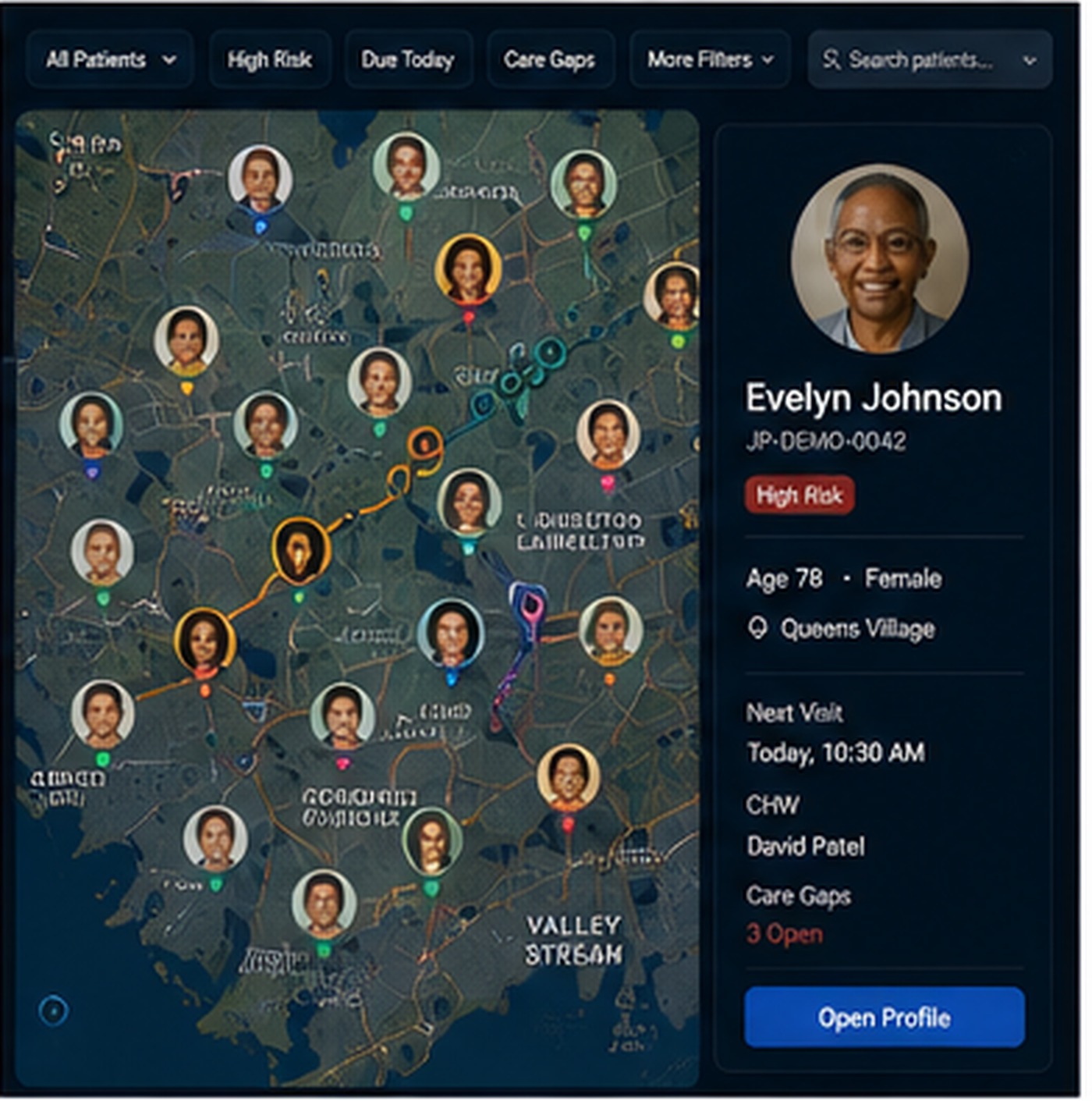 Patient panel map operating surface for billing readiness review