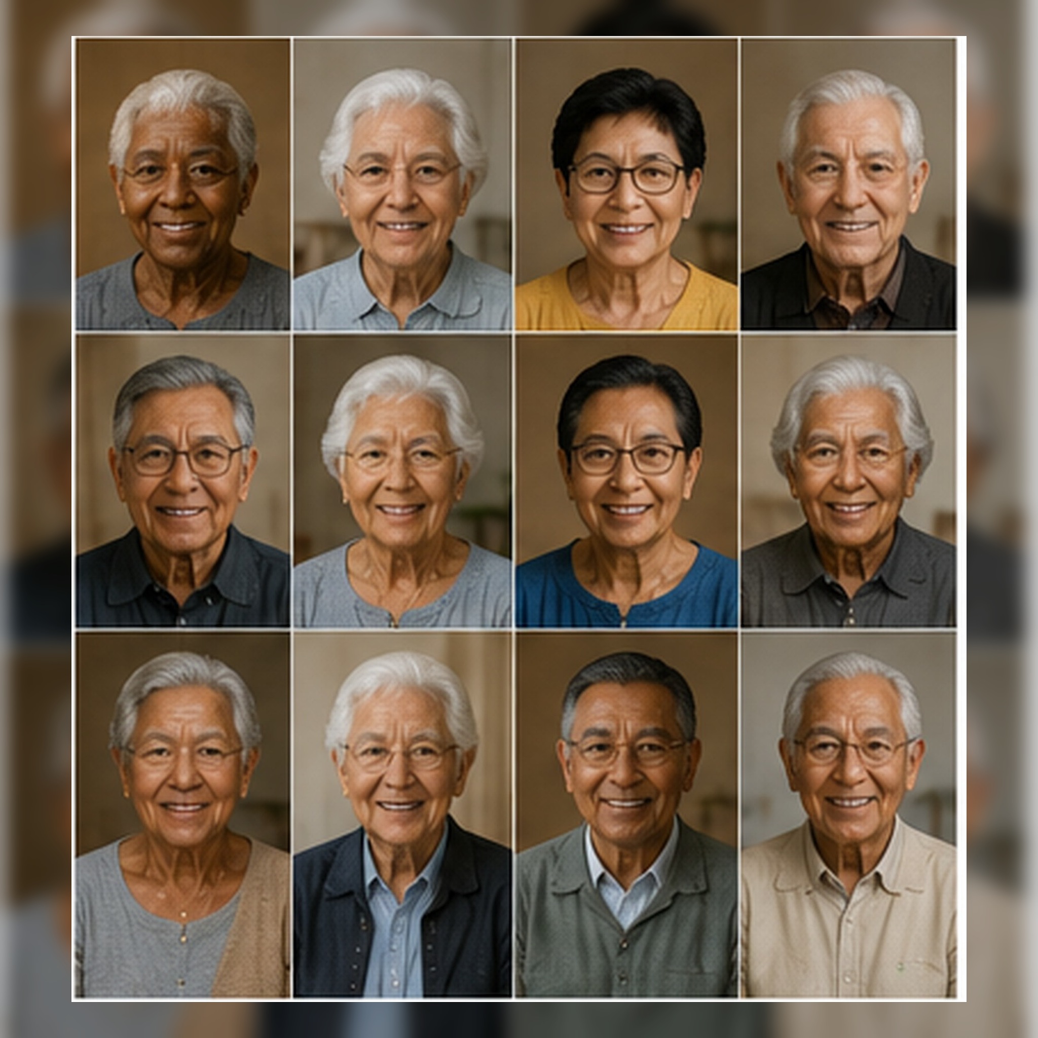 Synthetic geriatric patient portrait set used by the prototype map markers and panel rows