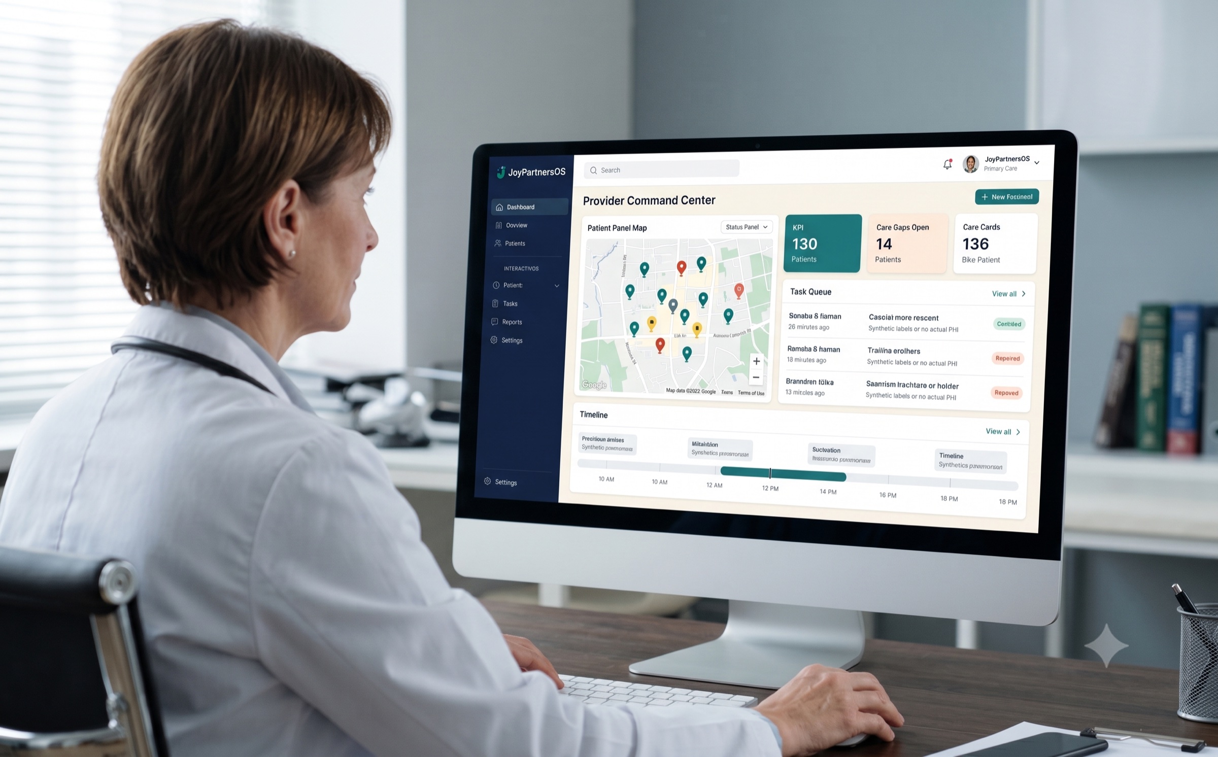 Provider at desk using JoyPartnersOS command center on a desktop monitor