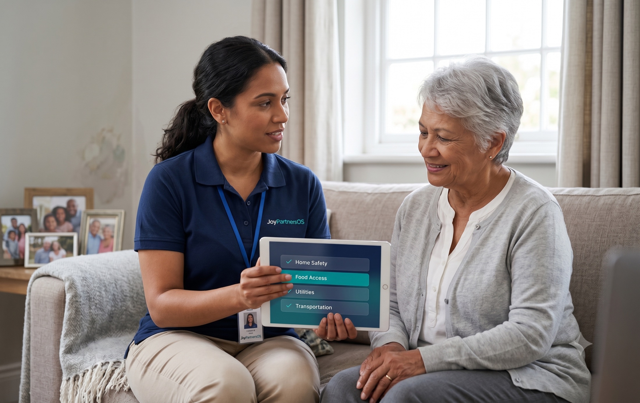 CHW conducting an in-home SDOH assessment with detail on home safety, food access, utilities, transportation