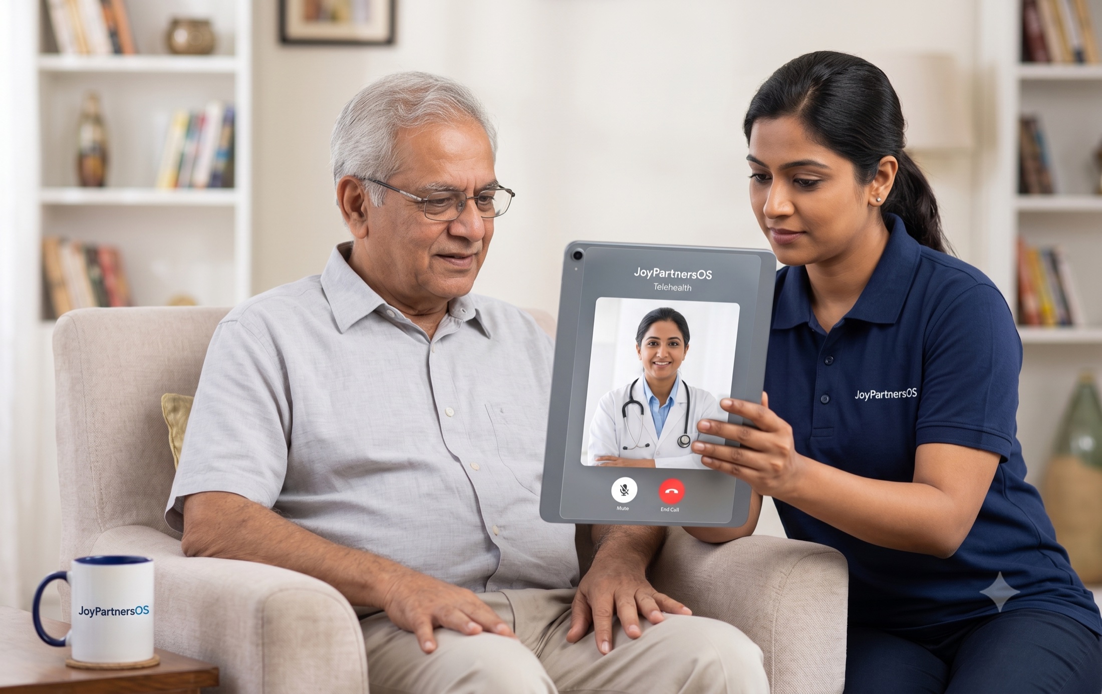 Telehealth smart visit reference visual — JoyPartnersOS CHW holding a tablet with provider on screen, alongside elder gentleman in home